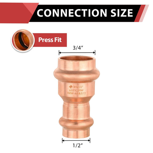 3/4" x 1/2" Copper Press x Press Coupling NO Stop (Lead Free) Plumbingsell