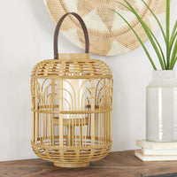 The Novogratz Brown Bamboo Handmade Decorative Candle Lantern with Handle EasyOptionXY LLC