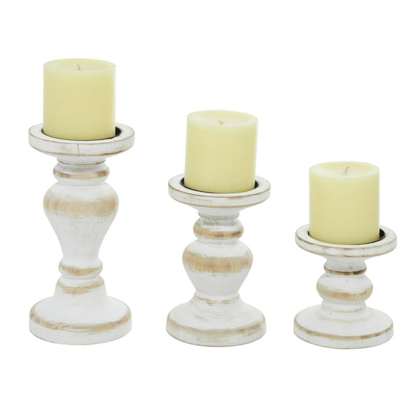 DecMode Farmhouse White Washed Wooden Curved Pillar Candle Holders Set of 3, 8", 6", 4"H Natural Distressed Finish EasyOptionXY LLC