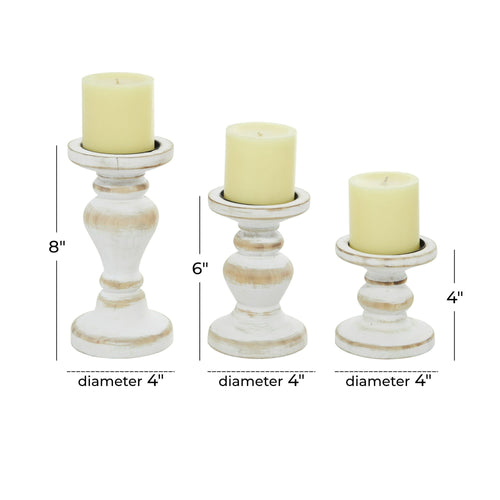DecMode Farmhouse White Washed Wooden Curved Pillar Candle Holders Set of 3, 8", 6", 4"H Natural Distressed Finish EasyOptionXY LLC