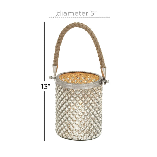 DecMode Silver Glass Handmade Decorative Candle Lantern with Rope Handle EasyOptionXY LLC