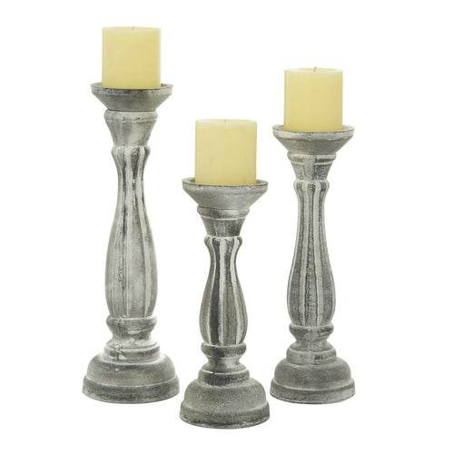 DecMode Traditional Gray Carved Wood Candle Holder with Whitewashed Finish, Set of 3 15", 13", 11"H EasyOptionXY LLC