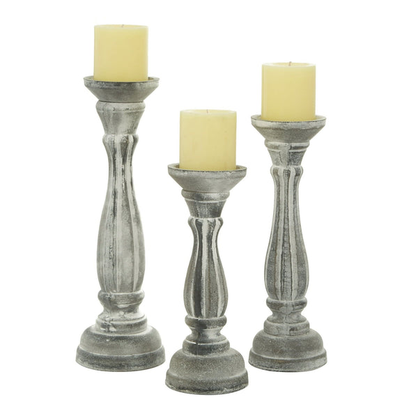 DecMode Traditional Gray Carved Wood Candle Holder with Whitewashed Finish, Set of 3 15", 13", 11"H EasyOptionXY LLC