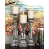 DecMode Traditional Gray Carved Wood Candle Holder with Whitewashed Finish, Set of 3 15", 13", 11"H EasyOptionXY LLC