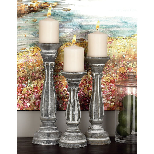 DecMode Traditional Gray Carved Wood Candle Holder with Whitewashed Finish, Set of 3 15", 13", 11"H EasyOptionXY LLC