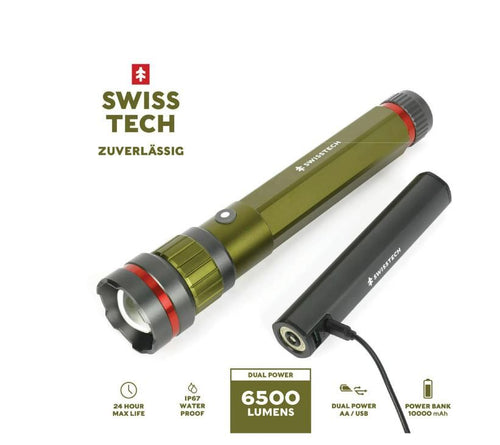 Swiss Tech 6500 Lumen LED Flashlight Rechargeable Dual Power AA/USB, Charging Bank, IP67 Waterproof EasyOptionXY LLC