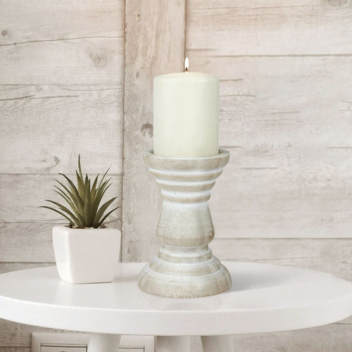 Stonebriar Tabletop 6" Coastal Wood Pillar Candle Holder, Off-White EasyOptionXY LLC