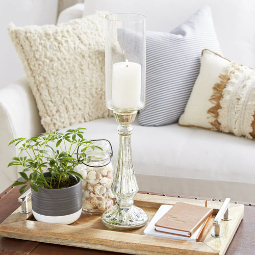 DecMode Silver Glass Handmade Turned Style Pillar Hurricane Lamp with Faux Mercury Glass Finish EasyOptionXY LLC