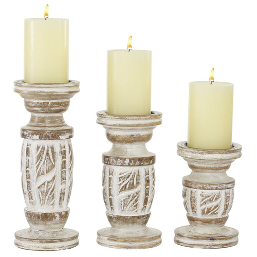 DecMode White Wash Wood Country Cottage Candle Holder Set of 3-Pieces, 6", 8",10"H EasyOptionXY LLC