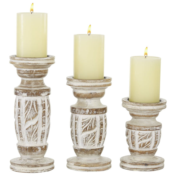DecMode White Wash Wood Country Cottage Candle Holder Set of 3-Pieces, 6", 8",10"H EasyOptionXY LLC