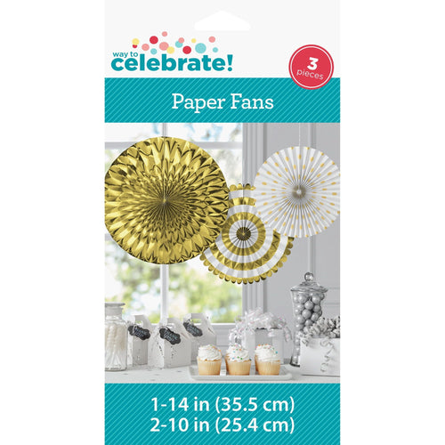 Way to Celebrate Gold and White Paper Foil Fans, 3ct , Adult Party Decorations EasyOptionXY LLC