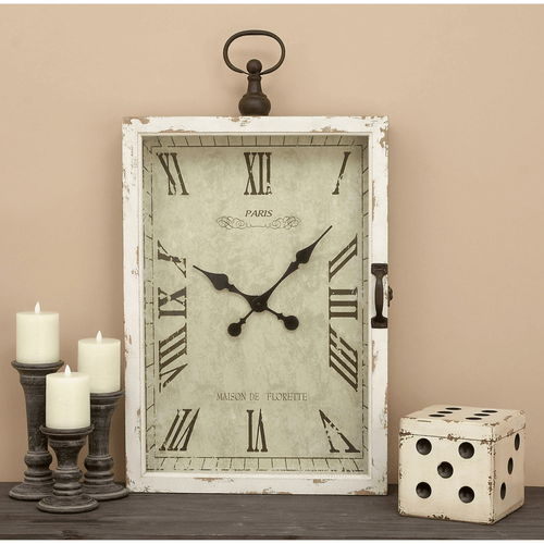 DecMode 20" x 34" White Wood Pocket Watch Style Wall Clock with Hinged Door EasyOptionXY LLC