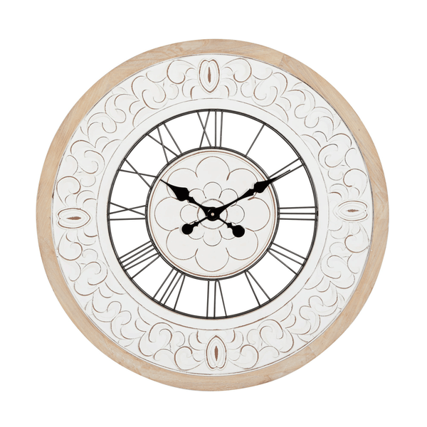 DecMode 32" White Wood Floral Carved Wall Clock EasyOptionXY LLC