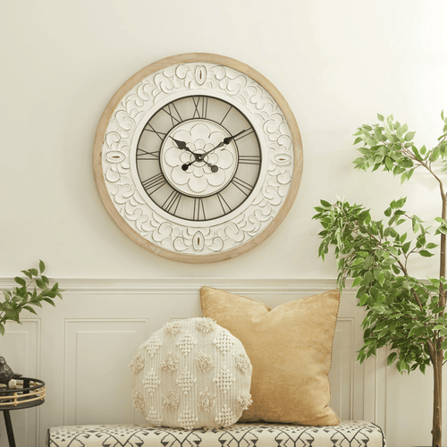 DecMode 32" White Wood Floral Carved Wall Clock EasyOptionXY LLC