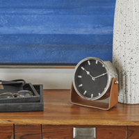 DecMode Stainless Steel Modern Round Decorative Desk Clock 7"W x 7"H, with Metallic Silver and Leathery Brown Stand EasyOptionXY LLC