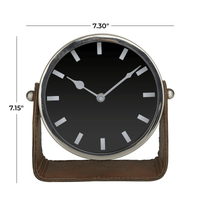 DecMode Stainless Steel Modern Round Decorative Desk Clock 7"W x 7"H, with Metallic Silver and Leathery Brown Stand EasyOptionXY LLC