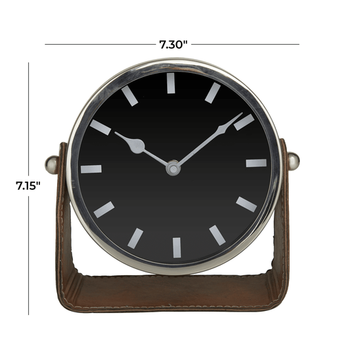 DecMode Stainless Steel Modern Round Decorative Desk Clock 7"W x 7"H, with Metallic Silver and Leathery Brown Stand EasyOptionXY LLC