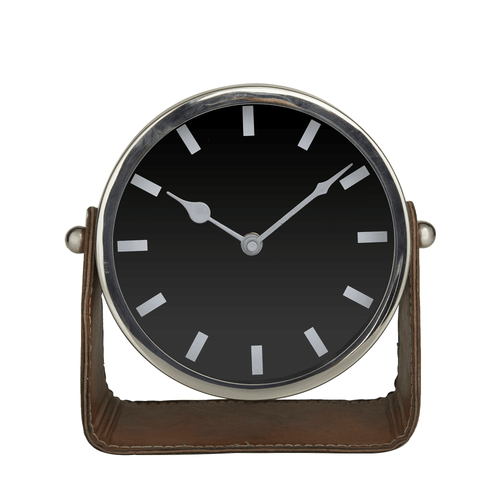 DecMode Stainless Steel Modern Round Decorative Desk Clock 7"W x 7"H, with Metallic Silver and Leathery Brown Stand EasyOptionXY LLC