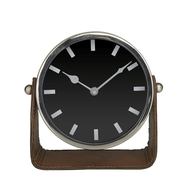 DecMode Stainless Steel Modern Round Decorative Desk Clock 7"W x 7"H, with Metallic Silver and Leathery Brown Stand EasyOptionXY LLC