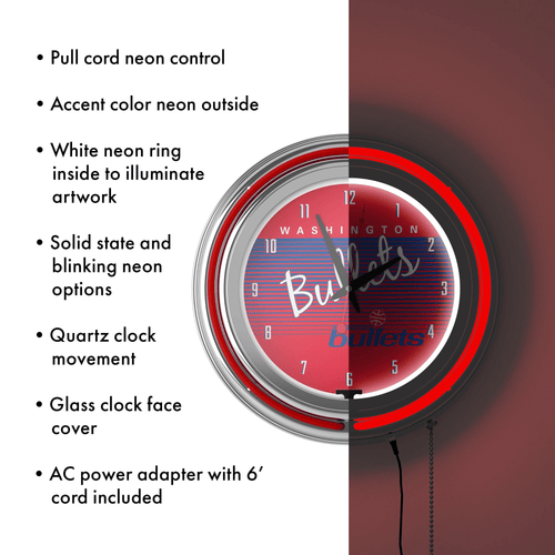 Washington Bullets Hardwood Classics NBA Chrome Neon Clock EasyOptionXY LLC