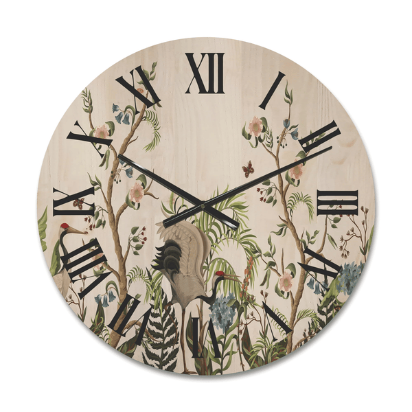 Designart 'Border With Peonies and Cranes In Chinoiserie Style' Traditional Wood Wall Clock(Size 16" x 16") EasyOptionXY LLC