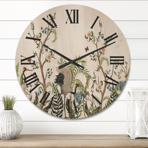 Designart 'Border With Peonies and Cranes In Chinoiserie Style' Traditional Wood Wall Clock(Size 16" x 16") EasyOptionXY LLC