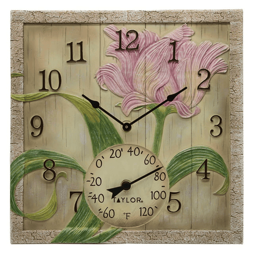 Taylor 14-inch x 14-inch Beechwood Flower Clock with Thermometer EasyOptionXY LLC