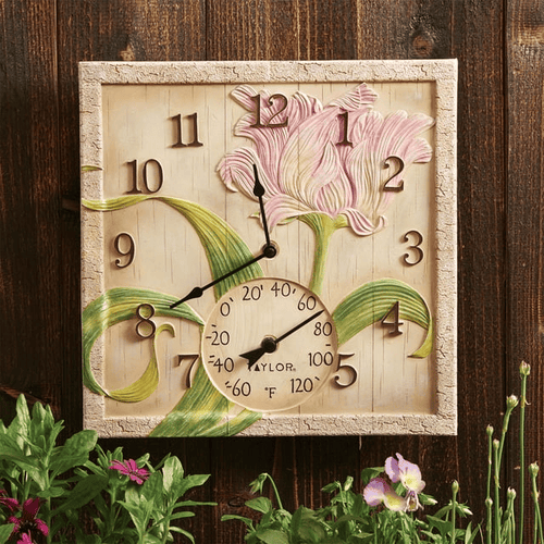 Taylor 14-inch x 14-inch Beechwood Flower Clock with Thermometer EasyOptionXY LLC