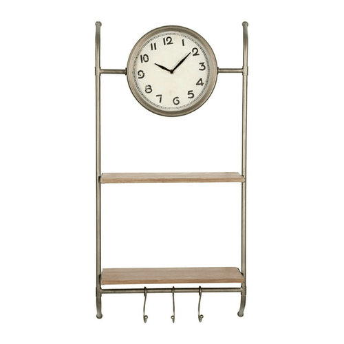 Woven Paths 16" x 5.75" x 32.25" Metal Wall Clock with Natural Wood Shelves and Hooks EasyOptionXY LLC