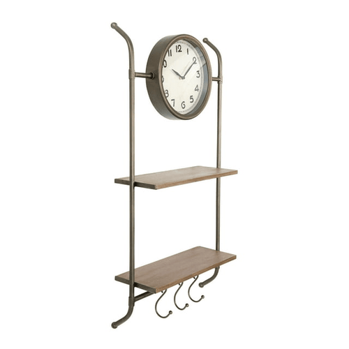 Woven Paths 16" x 5.75" x 32.25" Metal Wall Clock with Natural Wood Shelves and Hooks EasyOptionXY LLC