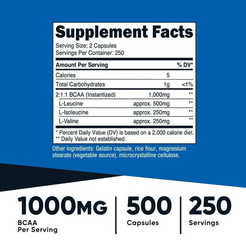 Nutricost BCAA 1000mg, 500 Capsules (250 Serv), Branched Chain Amino Acids EasyOptionXY LLC