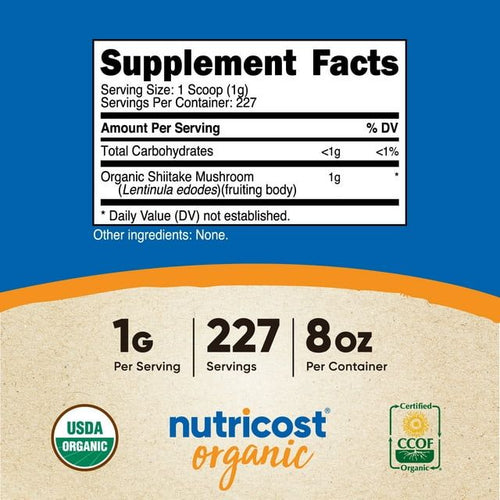 Nutricost Organic Shiitake Mushroom Powder 8oz - 100% Organic Certified Supplement EasyOptionXY LLC