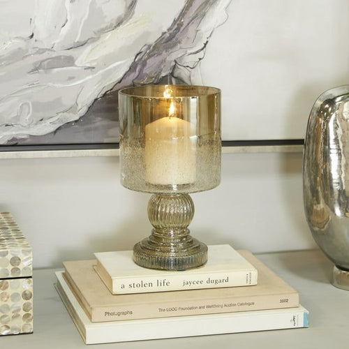 DecMode Brass Glass Handmade Turned Style Pillar Hurricane Lamp with Faux Mercury Glass Finish EasyOptionXY LLC