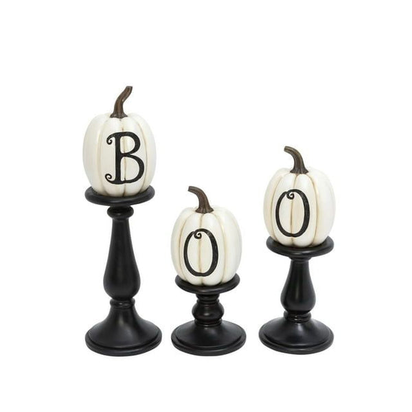 Gerson Set of three resin/stone lettered white pumpkins on candleholders, large is 17.52-in EasyOptionXY LLC