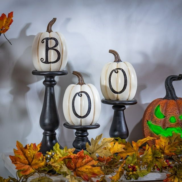 Gerson Set of three resin/stone lettered white pumpkins on candleholders, large is 17.52-in EasyOptionXY LLC
