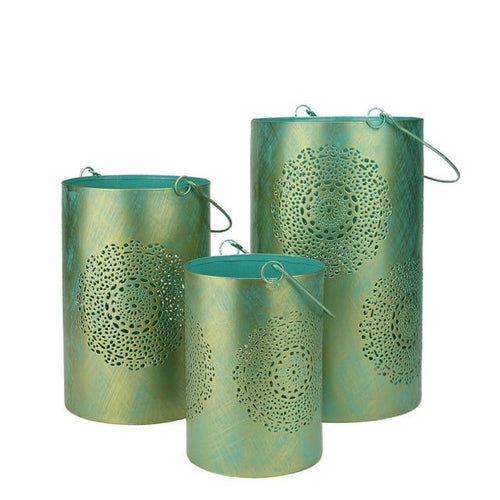 Set of 3 Turquoise Blue and Gold Decorative Floral Cut-Out Pillar Candle Lanterns 10" EasyOptionXY LLC