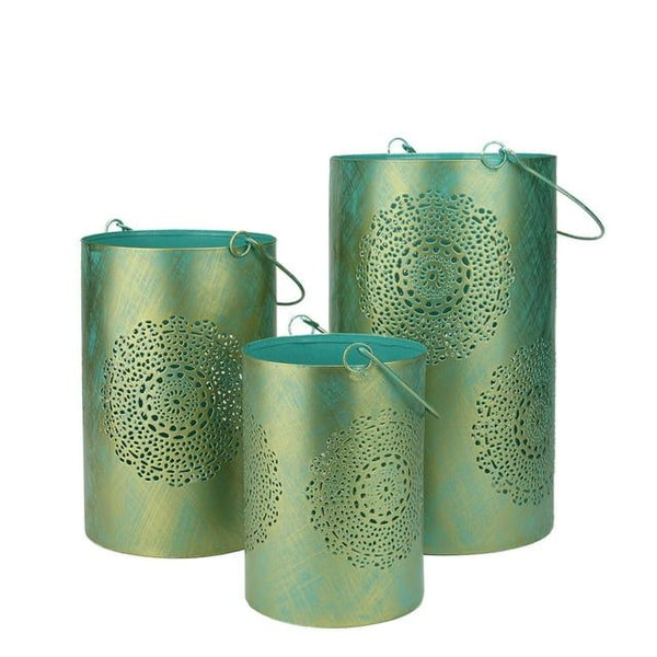 Set of 3 Turquoise Blue and Gold Decorative Floral Cut-Out Pillar Candle Lanterns 10" EasyOptionXY LLC
