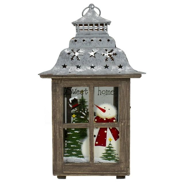 16.5" Rustic Wooden Snowman Holiday Scene Christmas Pillar Candle Lantern EasyOptionXY LLC