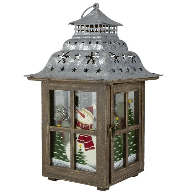16.5" Rustic Wooden Snowman Holiday Scene Christmas Pillar Candle Lantern EasyOptionXY LLC