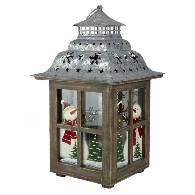 16.5" Rustic Wooden Snowman Holiday Scene Christmas Pillar Candle Lantern EasyOptionXY LLC