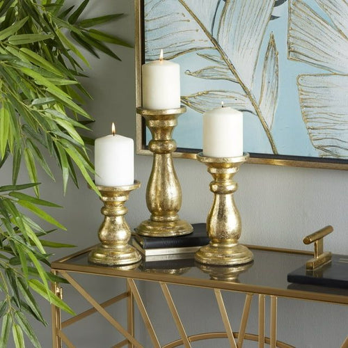 DecMode 3 Candle Gold Mango Wood Turned Style Pillar Candle Holder, Set of 3 EasyOptionXY LLC