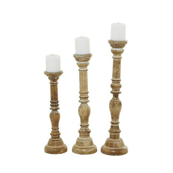 DecMode Traditional Wood Candle Holder, Set of 3 24", 21", 17"H with Brown Distressed Finish EasyOptionXY LLC
