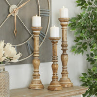 DecMode Traditional Wood Candle Holder, Set of 3 24", 21", 17"H with Brown Distressed Finish EasyOptionXY LLC
