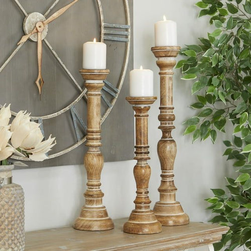 DecMode Traditional Wood Candle Holder, Set of 3 24", 21", 17"H with Brown Distressed Finish EasyOptionXY LLC