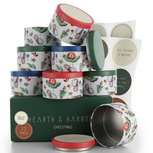 Hearth & Harbor 8 Oz, 12 Pack Christmas DIY Candle Containers with Lids - Tin Candle Jars for Making Candles - Metal Candle Jars - Bulk Tins Storage for Candle EasyOptionXY LLC