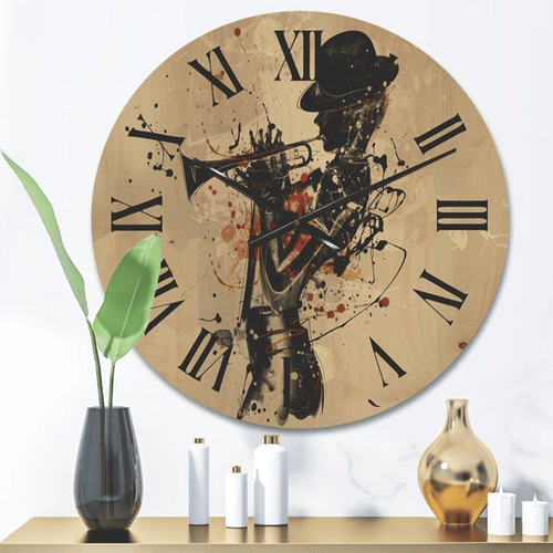 Designart 'Girl Playing Jazz Trumpet' Modern Wood Wall Clock(Size 16" x 16") EasyOptionXY LLC