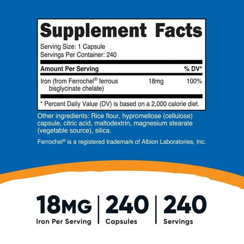 Nutricost Iron Supplement from Ferrochel Ferrous Bisglycinate Chelate, 18mg, 240 Capsules EasyOptionXY LLC
