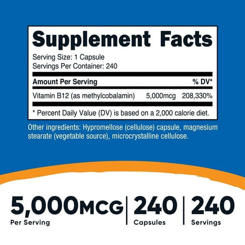 Nutricost Vitamin B12 (Methylcobalamin) 5000mcg, 240 Capsules - Non-GMO & Gluten Free EasyOptionXY LLC