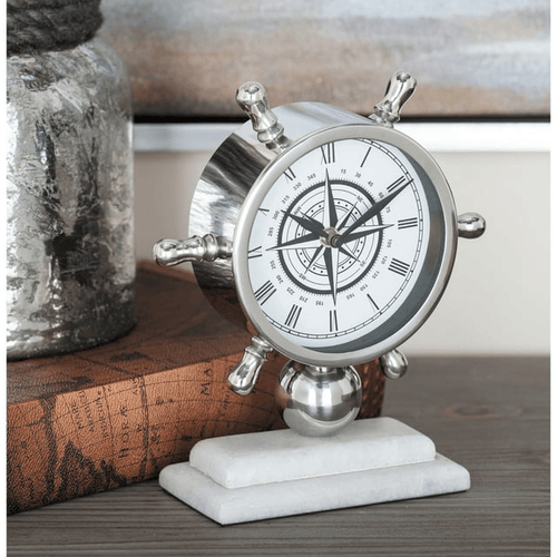 DecMode 8" Silver Stainless Steel Ship Wheel Clock with Marble Base EasyOptionXY LLC