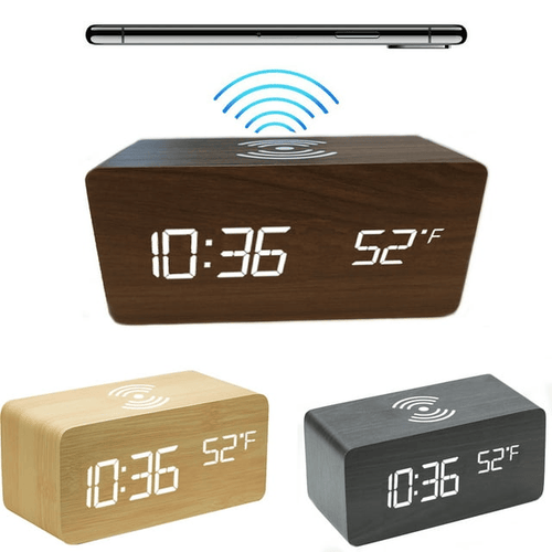 Zunammy Wooden Finish Alarm clock with Wireless Charging (Qi Charging Pads) for phone - Black EasyOptionXY LLC